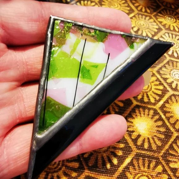 Artisan Created Fused Glass Triangular Brooch Pin - Picture 14 of 14